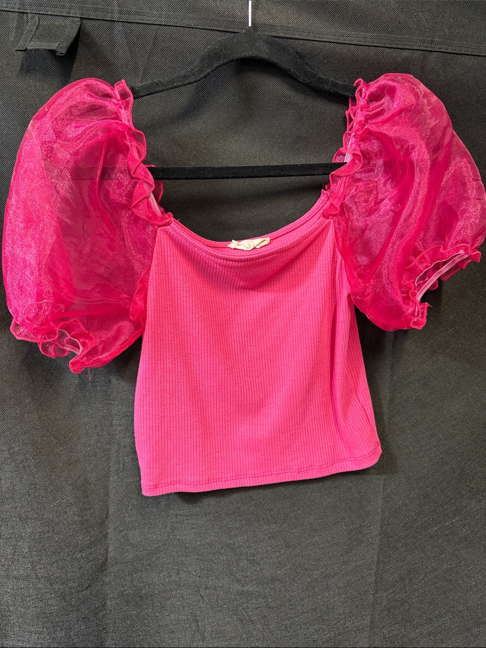 Altar'd State Pink Ribbed Top with Puff Organza Sleeves